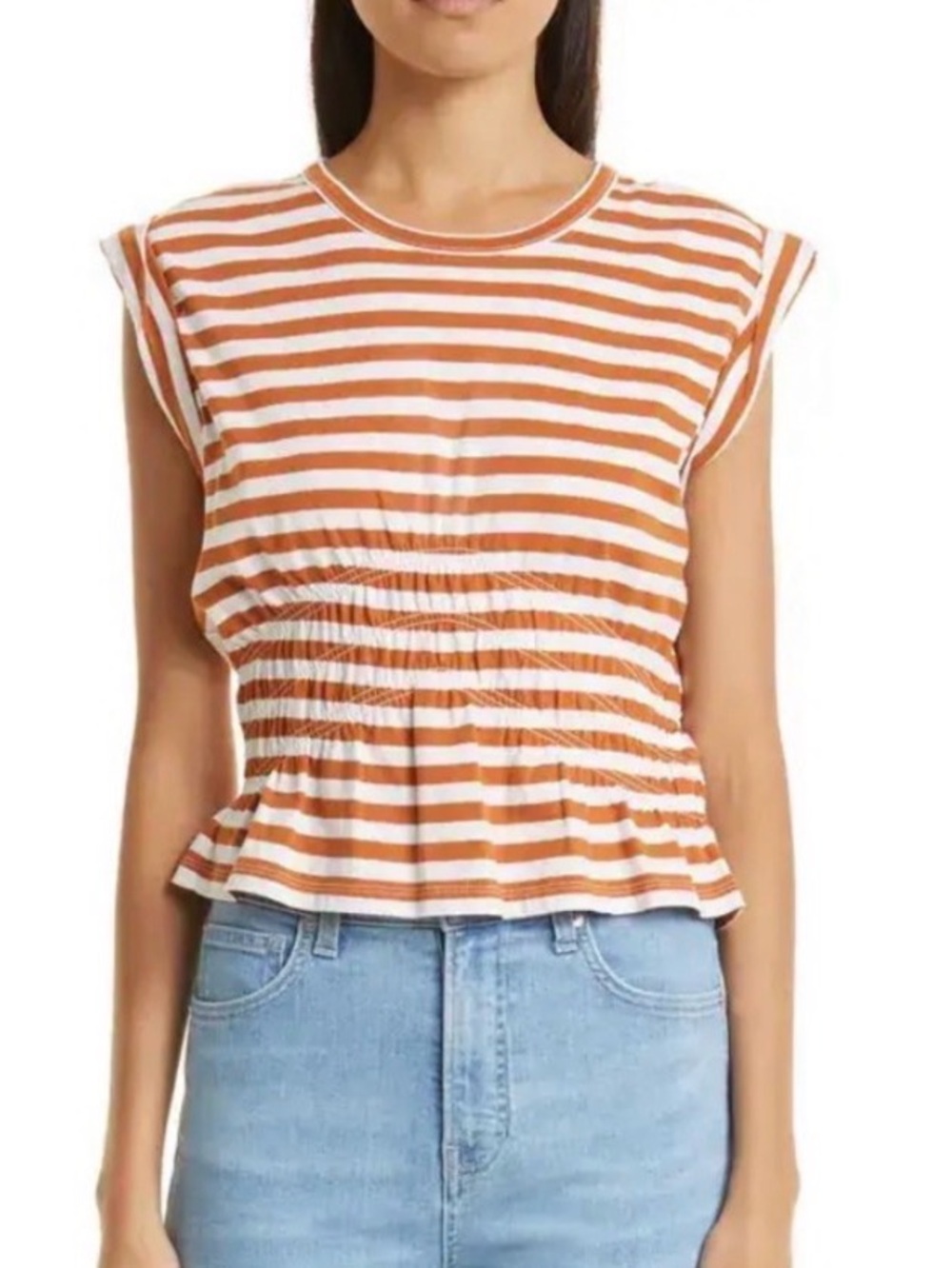 Veronica Beard Buchanan Stripe Shirred Waist Cotton T-shirt Gold Sand SMALL